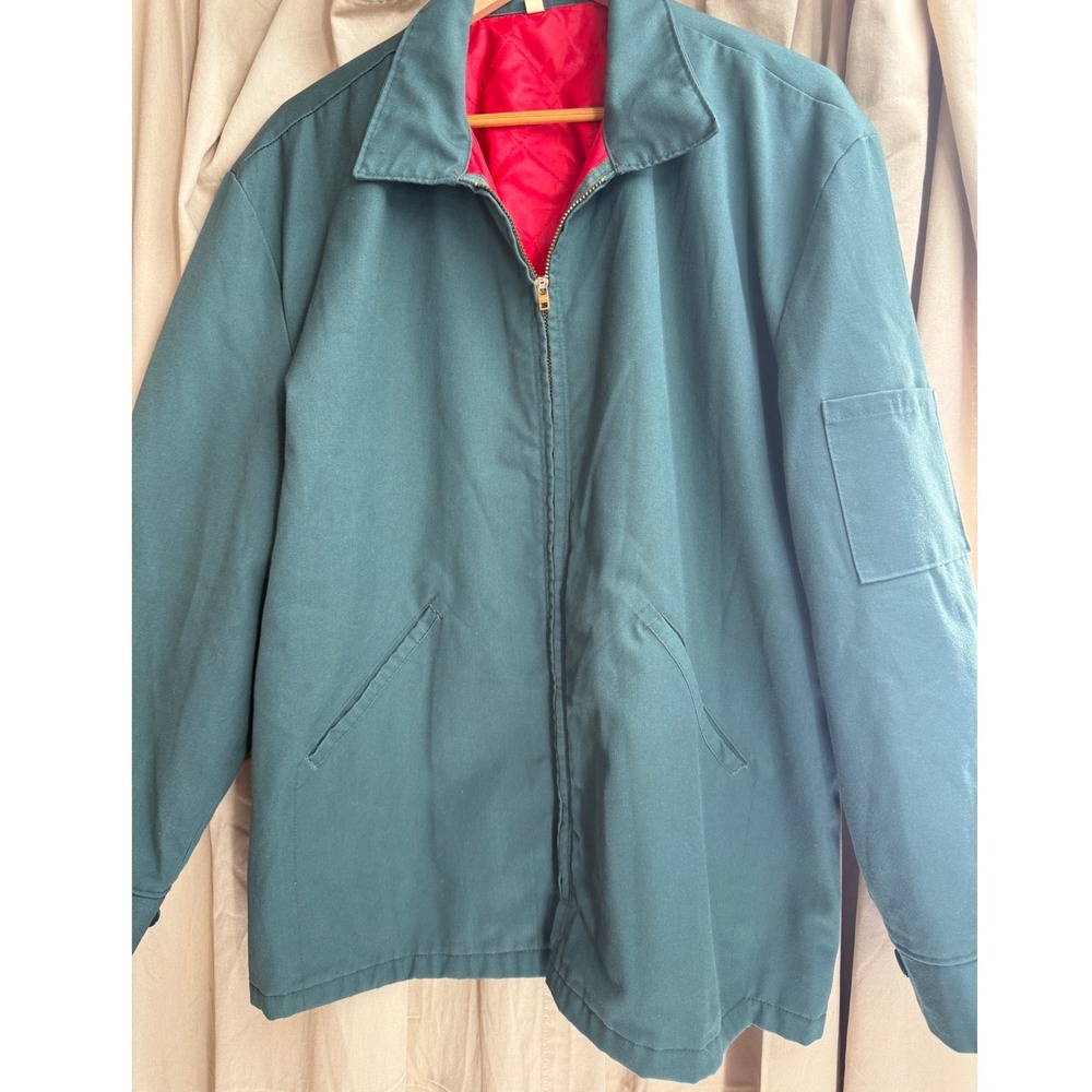 Vintage 70s Red Kap Work Jacket XL Teal Talon USA Zip Red Quilted Lined